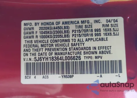 2004 Honda Element Lx из США, поврежденный, VIN 5J6YH18364L006626